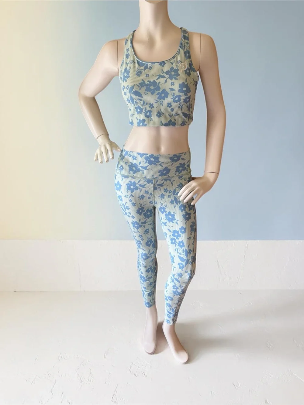 Peloton Blue Floral on Cream/Green Striped Women's Sports Bra & Leggings Set, M